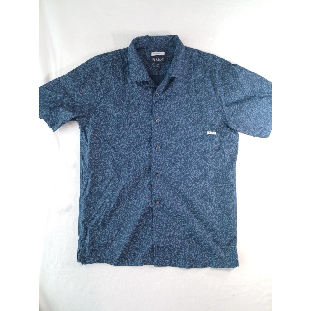 Jos A Bank Mens Medium Button Up Shirt Blue Floral Short Sleeve Cotton Tradition